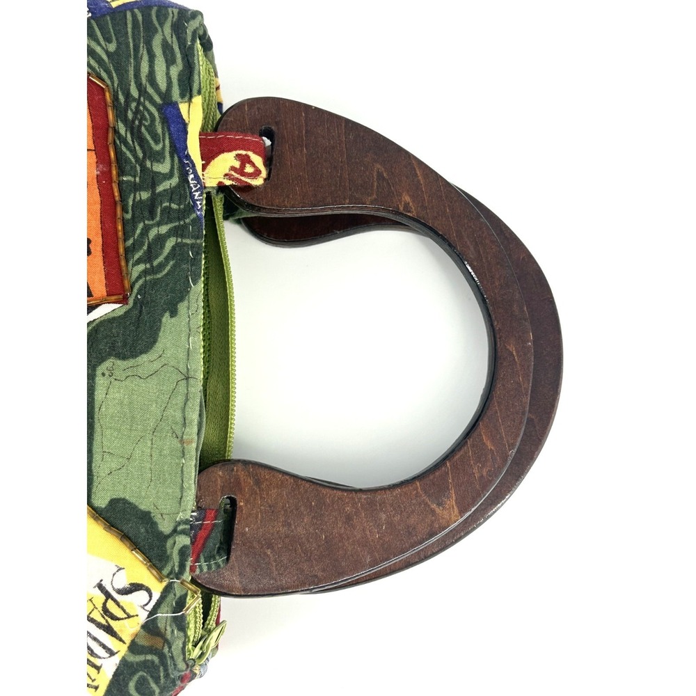 Vintage Fabric Covered Straw Purse w/Wooden Handles - Tropical *Read Description - Picture 6 of 10